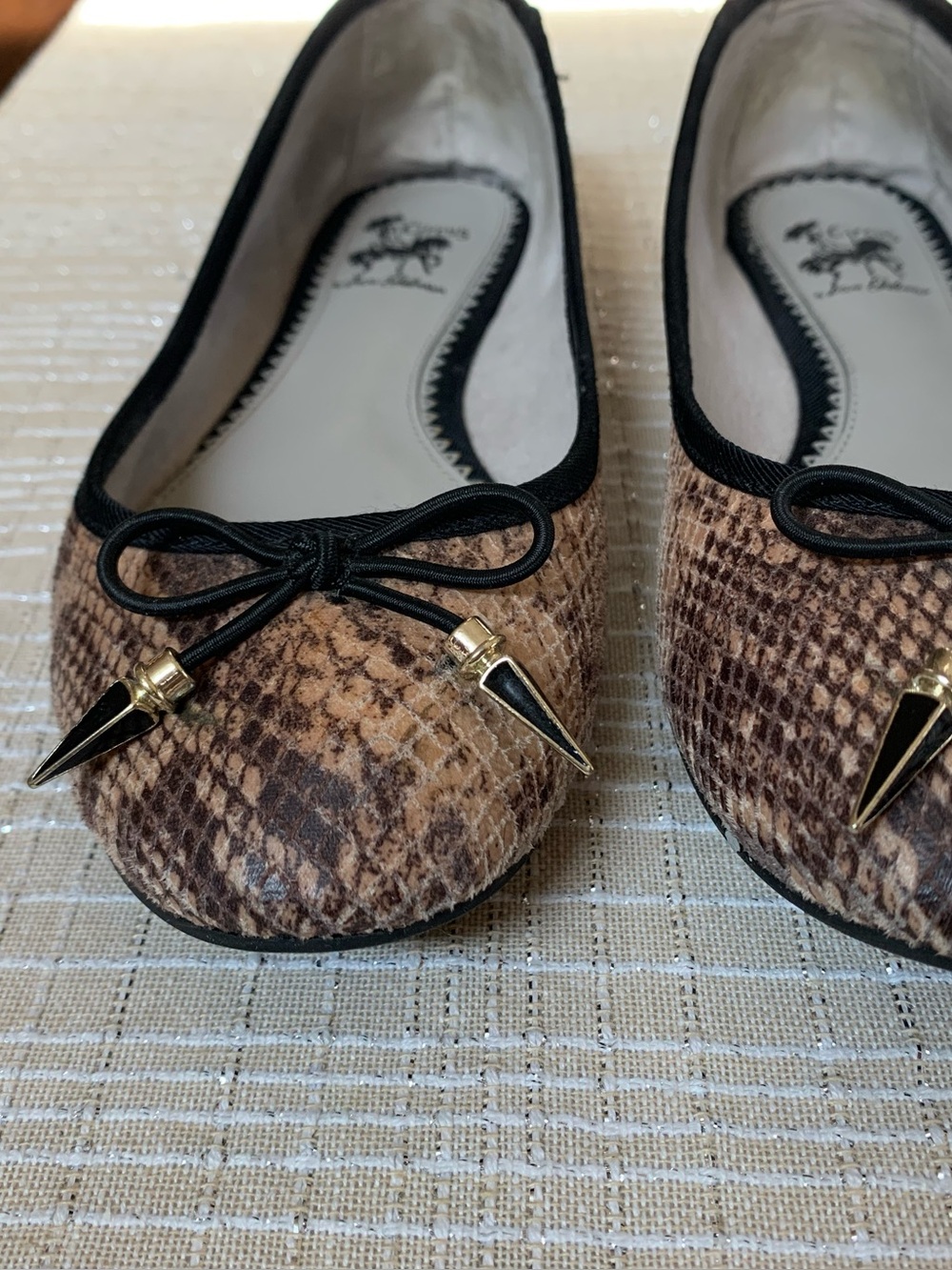 Sam Edelman Brown Snake-Print Ballet Flats with Gold Spike Tips